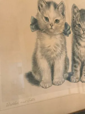 Sale Photo Thumbnail #304: Vintage framed lithograph titled 'Brother and Sister', featuring a detailed illustration of two kittens.