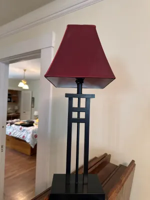 Sale Photo Thumbnail #188: Mission Arts and Crafts style table lamp with a dark metal geometric base and a square burgundy shade.