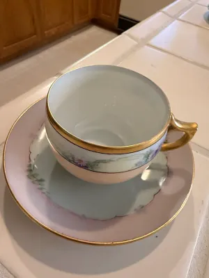 Sale Photo Thumbnail #452: Vintage hand-painted porcelain teacup and saucer set featuring delicate floral accents, pastel pink and light blue tones, and gilded gold rims.