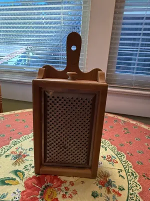 Sale Photo Thumbnail #473: Vintage wooden cheese or vegetable grater with a integrated catchment box and hanging handle.