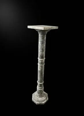 Sale Photo Thumbnail #328: Neoclassical style grey marbled stone pedestal display column with a square top plate and octagonal base.