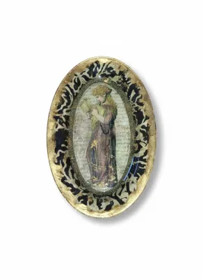 Sale Photo Thumbnail #32: Decorative oval wall plaque featuring a classical-style figure of a woman with gold leaf accents and a patterned border.