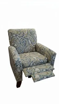 Sale Photo Thumbnail #7: Contemporary push-back recliner upholstered in a blue, green, and beige paisley pattern.