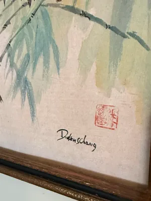 Sale Photo Thumbnail #393: Detail of an Asian-style ink and watercolor painting on paper, featuring a artist signature and red seal stamp.