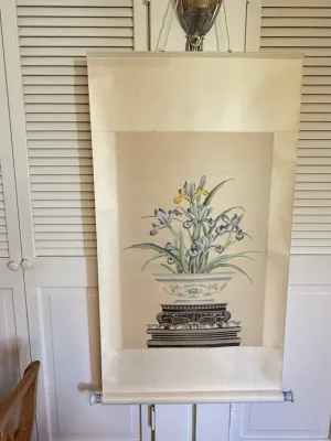 Sale Photo Thumbnail #375: Traditional Asian vertical hanging scroll painting depicting purple and yellow irises in a decorative porcelain bowl set upon an ornate pedestal.