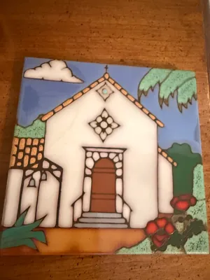 Sale Photo Thumbnail #418: Decorative ceramic art tile featuring a colorful illustration of a California Spanish mission building.