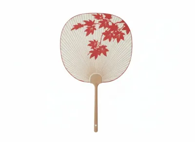 Sale Photo Thumbnail #41: Traditional Japanese uchiwa hand fan featuring a printed red maple leaf motif on a ribbed paper surface with a smooth wooden handle.