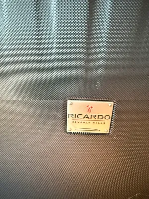 Sale Photo Thumbnail #231: Detail shot of a metal Ricardo Beverly Hills brand emblem attached to a textured dark grey luggage piece.