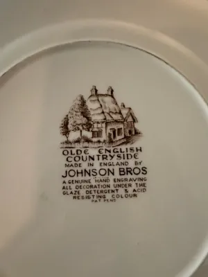 Sale Photo Thumbnail #406: Backstamp on a vintage Johnson Bros. dish from the "Olde English Countryside" collection, made in England.