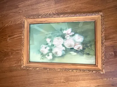 Sale Photo Thumbnail #323: Framed floral print depicting white and pink roses, set in an ornate carved giltwood frame.