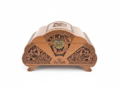 Sale Photo Thumbnail #58: Hand-carved wooden jewelry box featuring detailed Asian village and floral scenes, brass latch hardware, and scrolled feet.