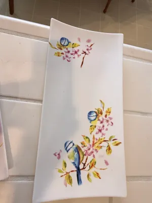 Sale Photo Thumbnail #457: Rectangular white ceramic serving tray decorated with painted songbirds and cherry blossoms.
