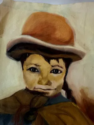 Sale Photo Thumbnail #309: Original unframed painting depicting a child wearing a wide-brimmed hat and traditional neck scarf.