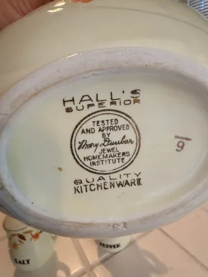 Sale Photo Thumbnail #442: Bottom stamp of a vintage Hall's Superior Quality Kitchenware ceramic piece, showing the Mary Dunbar Jewel Homemakers Institute approval mark.