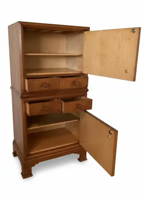 Sale Photo Thumbnail #308: Traditional wooden two-tier storage cabinet featuring four small drawers and open cabinets with single shelves.