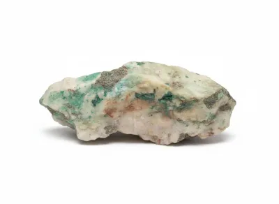 Sale Photo Thumbnail #51: Raw quartz rock specimen featuring vibrant green malachite or copper mineral inclusions.