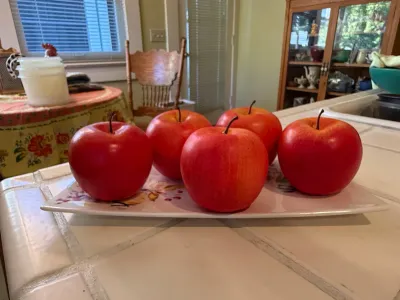 Sale Photo Thumbnail #439: Set of five realistic faux red apples displayed on a floral ceramic serving platter.