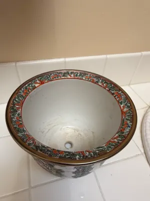 Sale Photo Thumbnail #389: Chinese Rose Medallion porcelain fish bowl planter with a colorful floral and bird rim border and bottom drainage hole.
