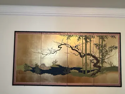 Sale Photo Thumbnail #218: Four-panel Japanese-style wall screen featuring hand-painted cherry blossoms and bamboo stalks on a gold leaf background with a silk border.