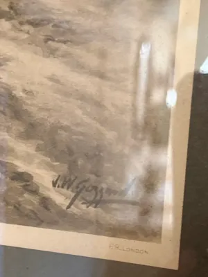 Sale Photo Thumbnail #403: Close-up of an antique framed print detail showing artist signature J.W. Gozzard and F.R. London publisher mark.