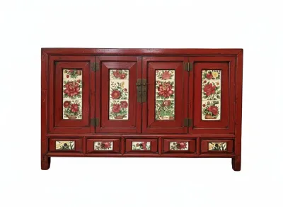 Sale Photo Thumbnail #178: Red painted Asian-style sideboard cabinet featuring four door panels and five lower drawers inset with floral ceramic tiles.