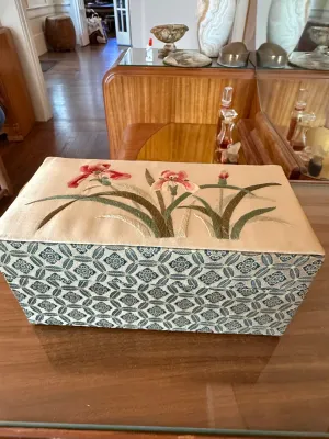 Sale Photo Thumbnail #286: Vintage Asian embroidered silk jewelry or keepsake box, featuring embroidered pink irises on the lid and a blue and cream patterned fabric body.