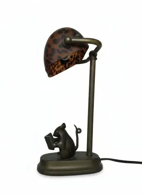 Sale Photo Thumbnail #11: Whimsical bronze-finish desk lamp featuring a mouse holding an open book at the base and an adjustable leopard-print dome shade.