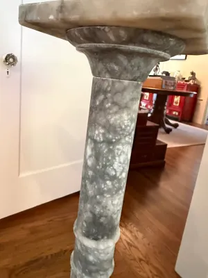 Sale Photo Thumbnail #329: Vintage classical-style grey marbled alabaster pedestal column stand with a square top.