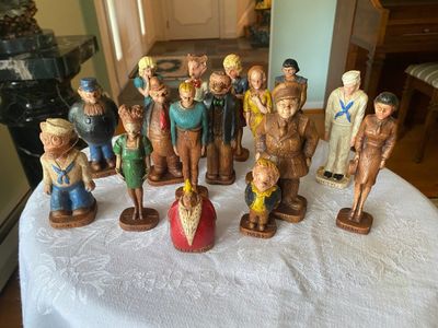 Collection of vintageSyroco molded wood-composite comic strip character figurines, including Popeye series and other classic newspaper...