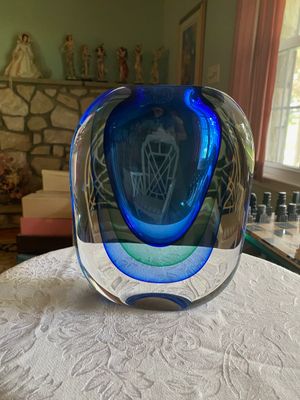 Mid-century Murano style sommerso art glass vase featuring layered blue, green, and clear glass.