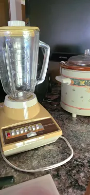 Sale Photo Thumbnail #31: Vintage Sears Insta-Blend 14-speed countertop blender in harvest gold with a faux woodgrain control panel, accompanied by a slow cooker in the background.