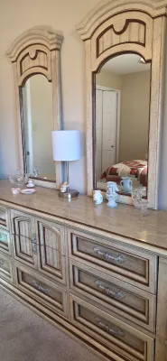 Sale Photo Thumbnail #47: Vintage off-white distressed triple dresser with dark trim accents and two matching arched wall mirrors.