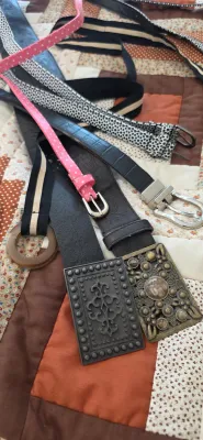 Sale Photo Thumbnail #45: Assortment of modern women's fashion belts featuring decorative metal buckles, leather, and fabric materials.