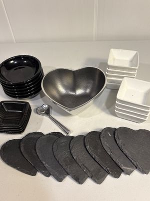 Sale Photo Thumbnail #39: Eight heart shaped slate coasters, heart bowl and spoon, five round black balls, four black balls and nine square white bowls