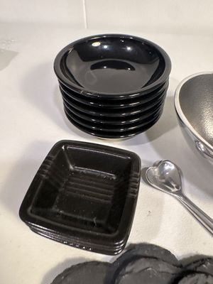 Sale Photo Thumbnail #42: Eight heart shaped slate coasters, heart bowl and spoon, five round black balls, four black balls and nine square white bowls