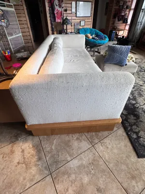 Mid-Century Style Light Cream Upholstered Sofa with Wood Base