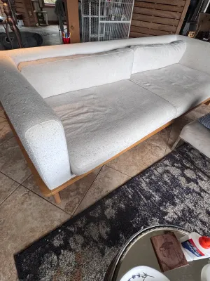 Mid-Century Style Light Cream Upholstered Sofa with Wood Base