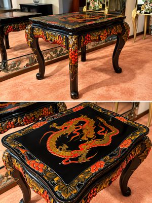 Sale Photo Thumbnail #8: Black lacquered Asian-style side table featuring an ornate hand-painted dragon motif on the top and intricate carved, painted grape and vine detailing along the apron and cabriole legs.
