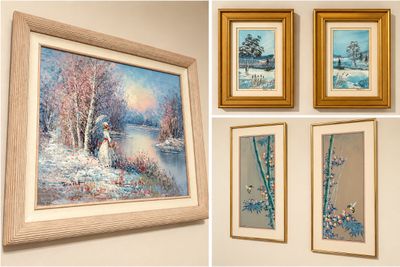 Sale Photo Thumbnail #21: Collection of framed artwork, including a large impressionist-style landscape signed DuPont, a pair of framed winter scenes, and a pair of Asian-inspired hummingbird paintings.