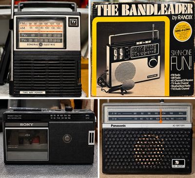 Sale Photo Thumbnail #34: Collection of four vintage portable radios and audio devices, including a General Electric TV band radio, Randix "The Bandleader" radio in box, Sony cassette recorder radio, and a Panasonic AM/FM portable radio.