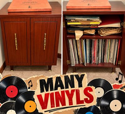 Sale Photo Thumbnail #23: Mid-century modern style wooden record cabinet filled with vinyl records and sheet music, featuring decorative brass hardware.