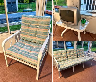 Sale Photo Thumbnail #25: Collage showcasing white metal patio furniture with 1990s pastel geometric cushions, alongside a small glass-top side table holding a silver CRT television.