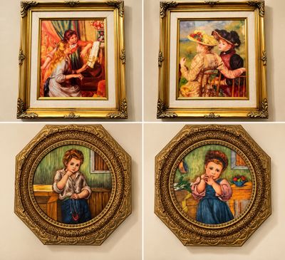 Sale Photo Thumbnail #11: Collection of four framed vintage art prints, including two Renoir impressionist reproductions in gilded rectangular frames and two portrait prints in ornate octagonal wooden frames.