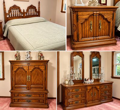 Sale Photo Thumbnail #27: Traditional oak bedroom furniture set featuring an ornate spindle bed frame, armoire chest, two-door cabinet, and a large triple dresser with dual attached mirrors.