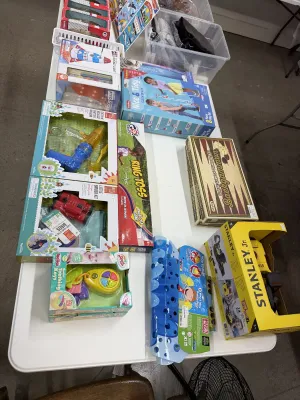 Sale Photo Thumbnail #14: Selection of boxed children's toys and games, including a Stanley Jr. set, Backgammon, a Ring Toss game, and various activity kits.