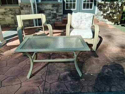 2 Heavy Wicker-Like Chairs & Matching Glass Coffee Table