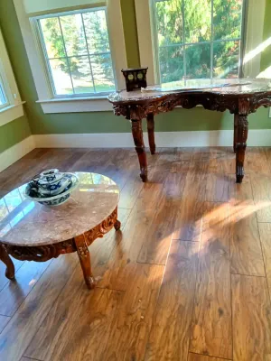 Sale Photo Thumbnail #51: Vintage Hand Carved Tables with Pink Marble