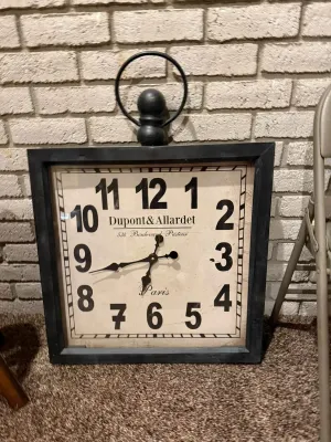 Sale Photo Thumbnail #8: Large square Parisian-style wall clock with a dark framed border, decorative top hanging loop, and vintage-style 'Dupont & Allardet Paris' face.