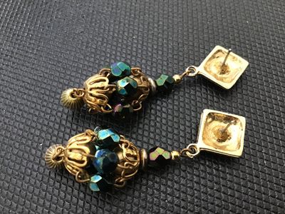 Sale Photo Thumbnail #191: Pair of vintage pierced dangle earrings featuring square posts set with iridescent aurora borealis rhinestones, leading to filigree cage drops clustered with faceted AB crystal beads. Gold-tone metal setting. Good vintage condition with light finish wear 