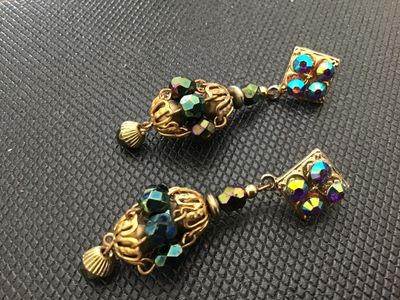 Sale Photo Thumbnail #190: Pair of vintage pierced dangle earrings featuring square posts set with iridescent aurora borealis rhinestones, leading to filigree cage drops clustered with faceted AB crystal beads. Gold-tone metal setting. Good vintage condition with light finish wear 